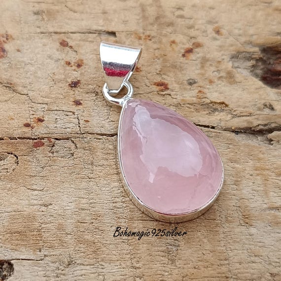 Handmade Pear Rose Quartz Pendant: 925 Sterling Silver Necklace