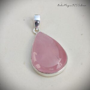 Handmade Pear Rose Quartz 925 Sterling Silver Pendant: Boho Jewelry