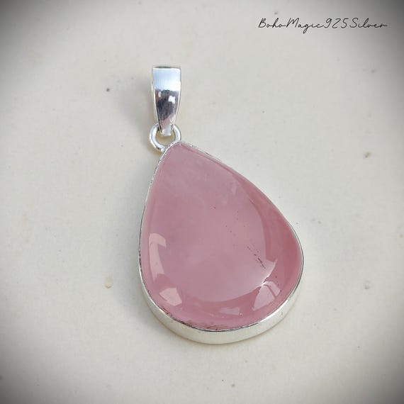 Handmade Pear Rose Quartz 925 Sterling Silver Pendant: Boho Jewelry Handmade Pear Rose Quartz 925 Sterling Silver Pendant: Boho Jewelry
