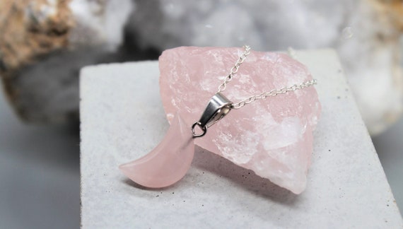 Rose Quartz Moon Pendant Necklace: Sterling Silver Crystal Healing