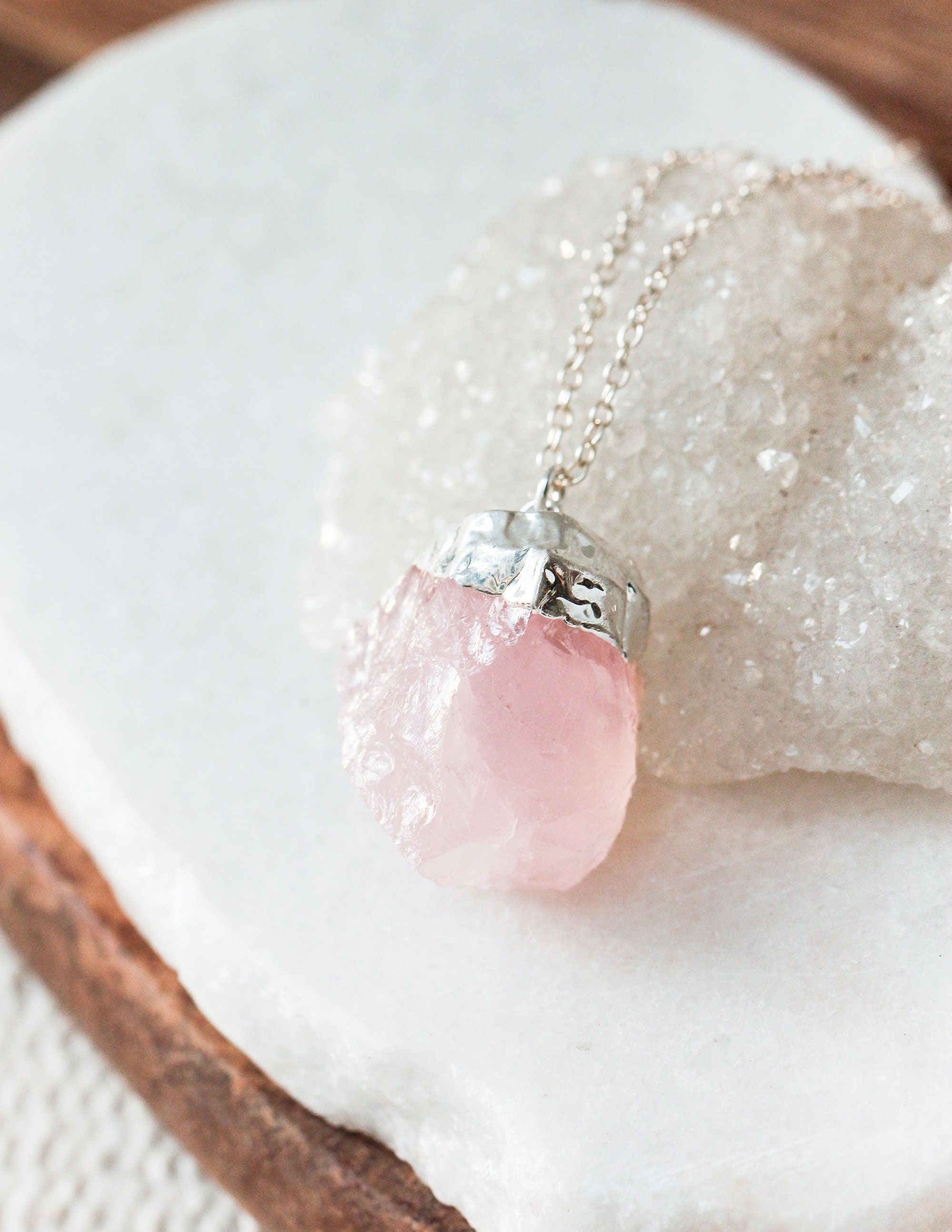 Raw Rose Quartz Pendant Necklace: Sterling Silver, Heart Chakra Healing Crystal