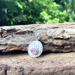 Rose Quartz Sterling Silver Pendant: Hammered Gemstone Charm