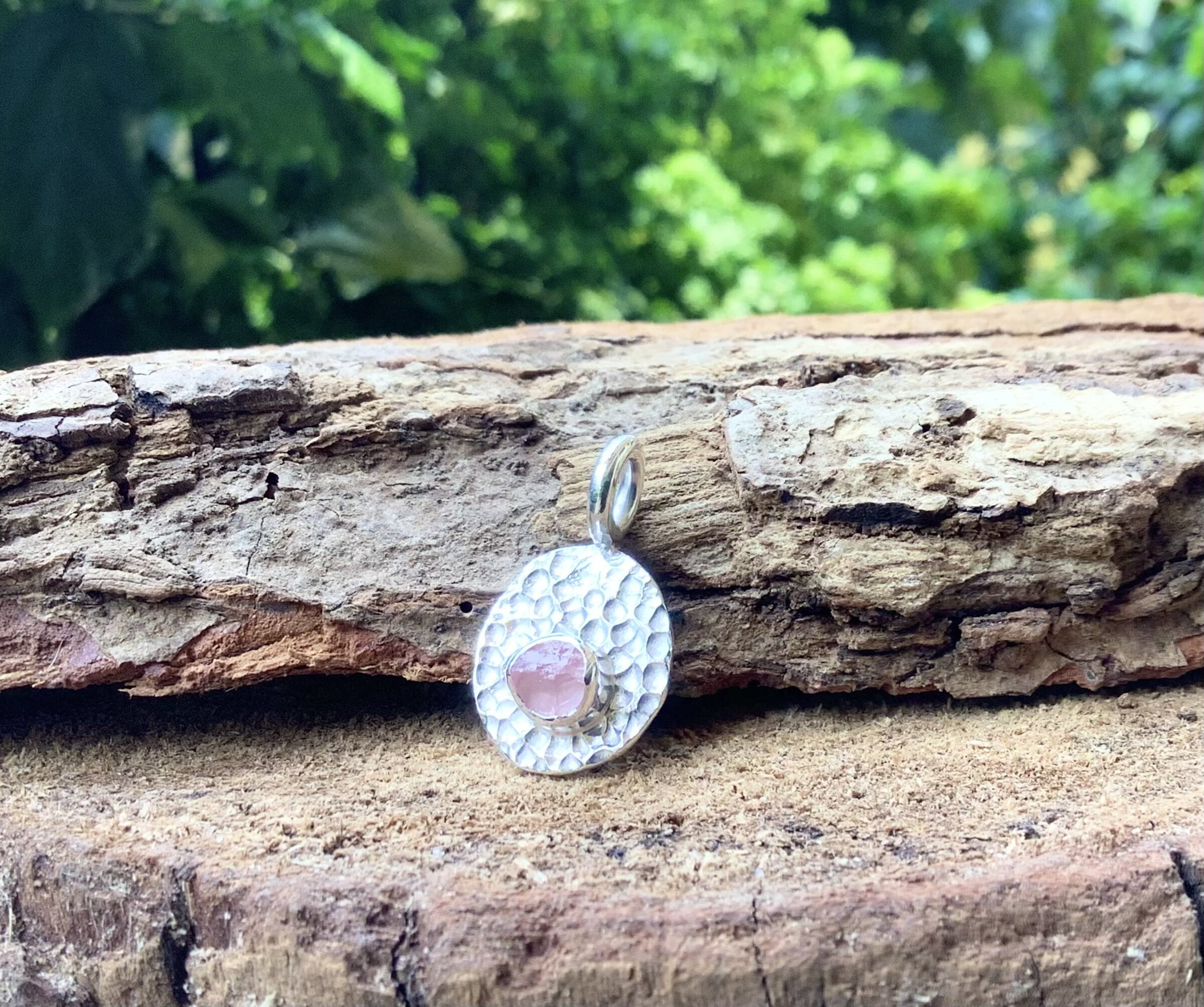Rose Quartz Sterling Silver Pendant: Hammered Gemstone Charm Rose Quartz Sterling Silver Pendant: Hammered Gemstone Charm