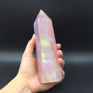 7" Large Rose Quartz Tower Rainbow Aura Rose Quartz Crystal Wand Tower Self-Standing Point Meditation Healing Crystal Grid Generator 01