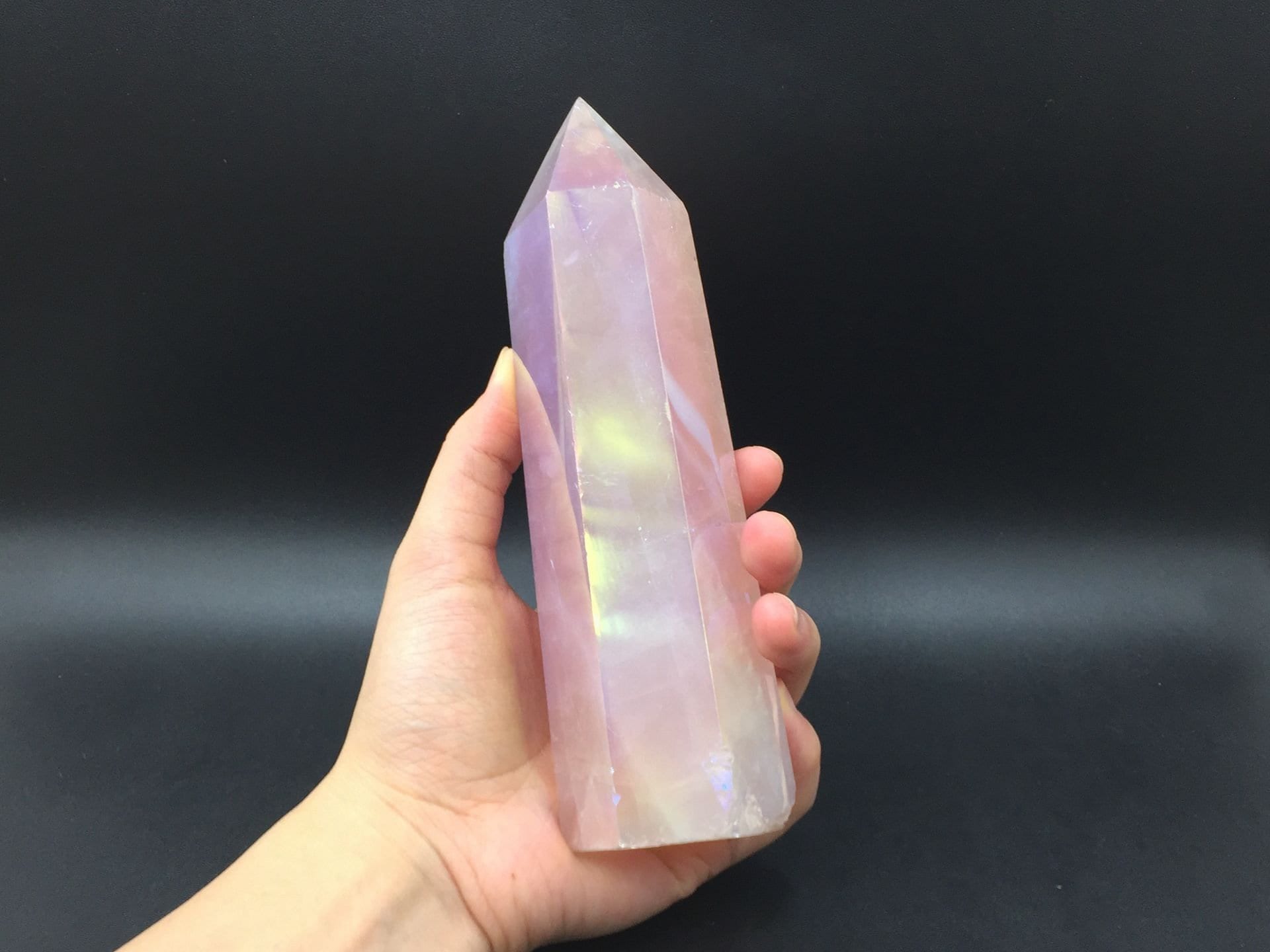 7" Large Rose Quartz Tower Rainbow Aura Rose Quartz Crystal Wand Tower Self-standing Point Meditation Healing Crystal Grid Generator 01
