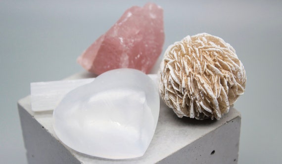 Beginner Crystal Set: Selenite Wand, Rose Quartz, Desert Rose