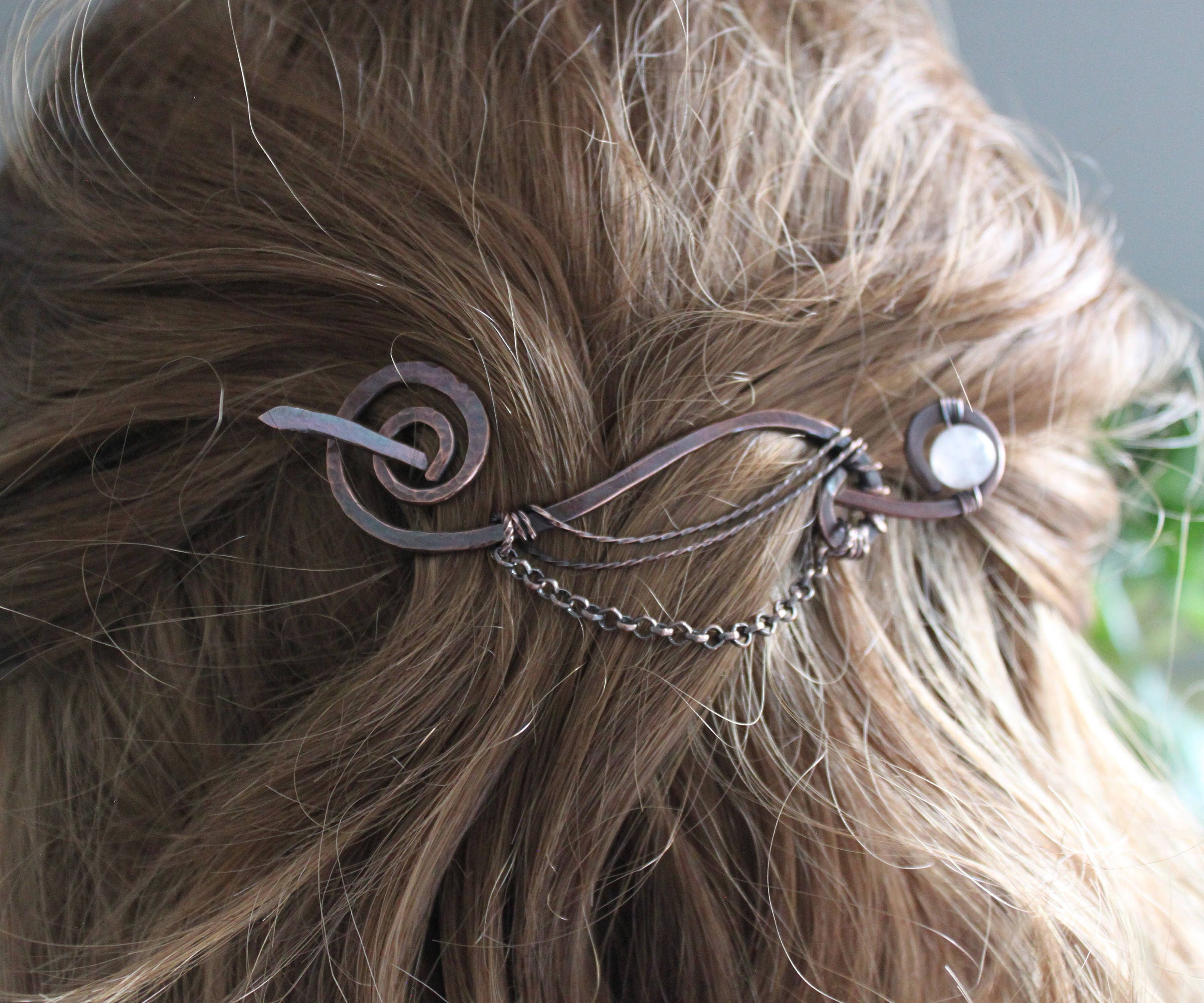 Copper Hair Pin With Rose Quartz Stick: Hand Forged Hair Jewelry