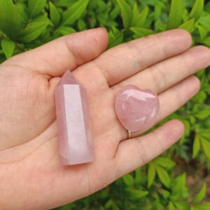 Rose Quartz Crystal Set: Obelisk Point And Heart