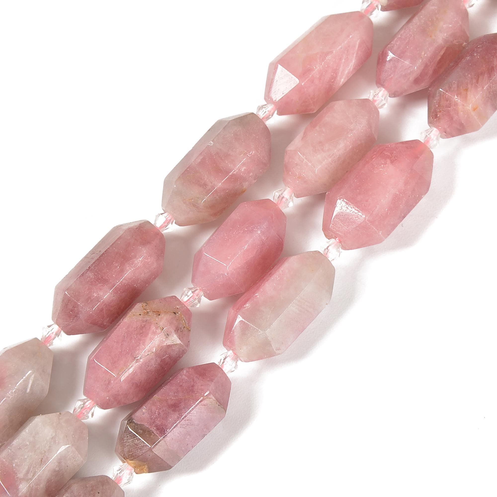 Natural Madagascar Rose Quartz Prism Cut Double Point 15x25mm 15.5'' Strand Natural Madagascar Rose Quartz Prism Cut Double Point 15x25mm 15.5'' Strand