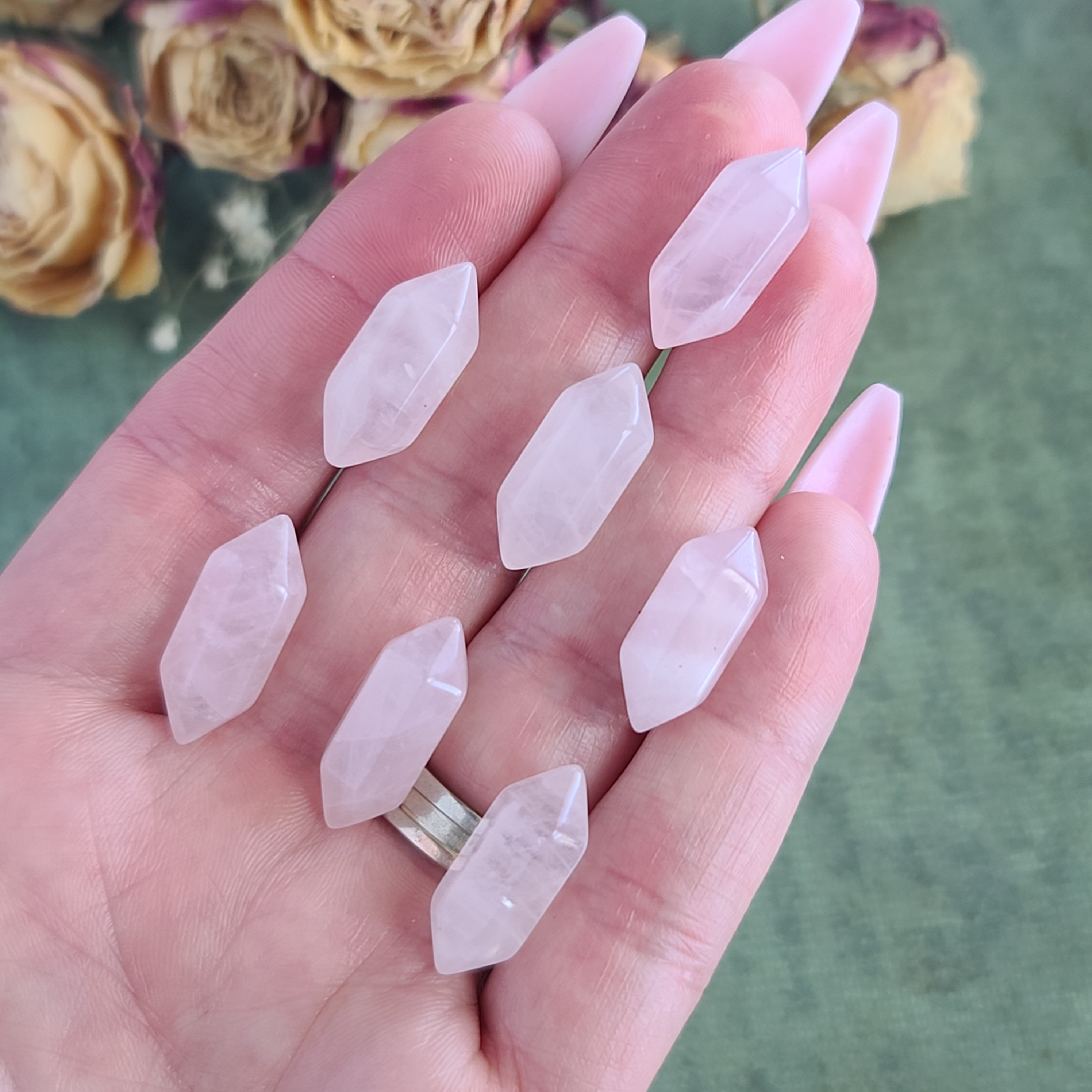 Tiny Rose Quartz Dt Crystal Wands 0.75", Bulk Lots Of Double Terminated Points For Jewelry Making Or Crystal Grids