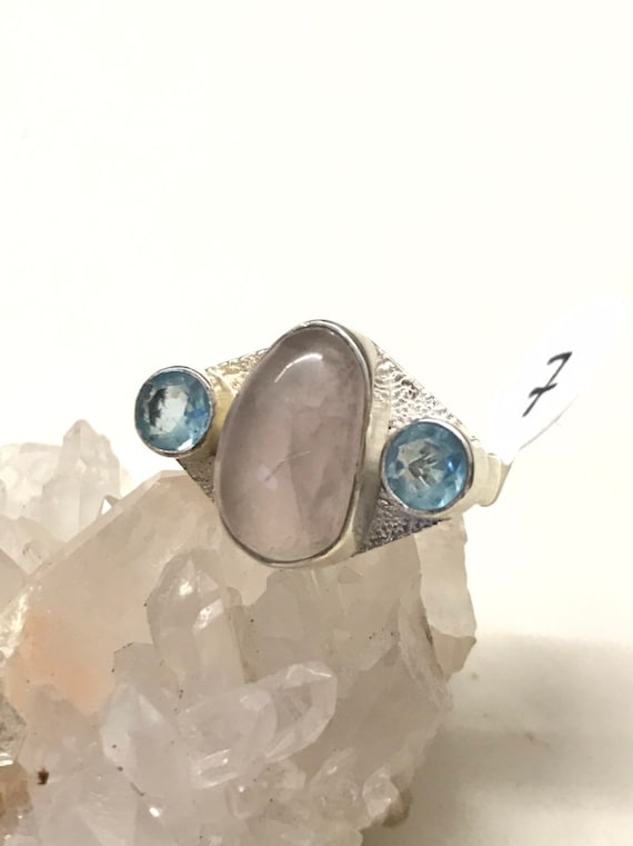 Rose Quartz And Blue Crystal Ring, Size 7