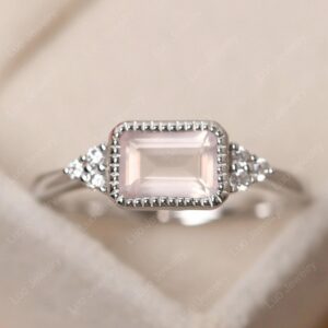 Bezel Setting Rose Quartz Milgrain Engagement Ring, Emerald Cut 1.0 Carat Pink Quartz Wedding Ring