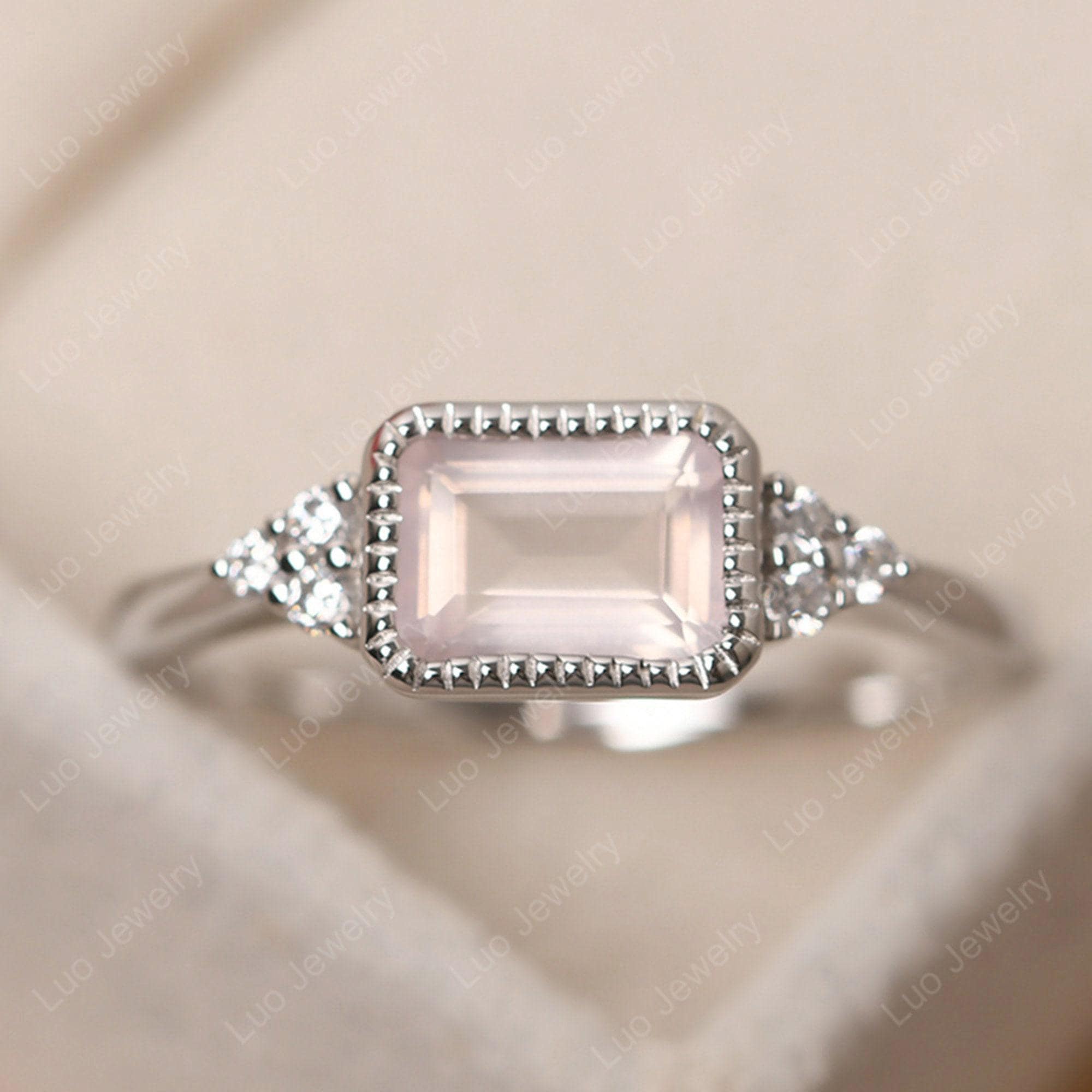 Bezel Setting Rose Quartz Milgrain Engagement Ring, Emerald Cut 1.0 Carat Pink Quartz Wedding Ring