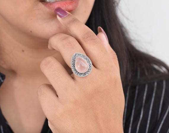 Designer Rose Quartz Silver Ring, Propose Ring For Loved Ones, Womens Handmade Silver Jewelry, Promise Ring For Her, Bohemian Jewelry