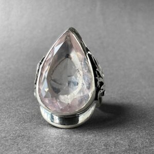 Gorgeous Natural Pink Rose Quartz Silver Statement Ring, Pear Cut Rose Quartz Ring, Special Collection Piece, Art Nouveau Rose Quartz Ring