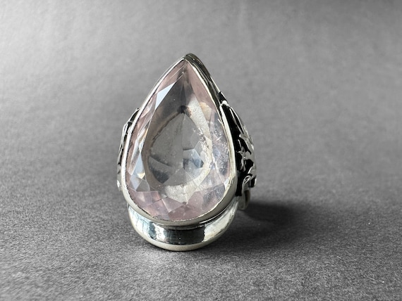 Gorgeous Natural Pink Rose Quartz Silver Statement Ring, Pear Cut Rose Quartz Ring, Special Collection Piece, Art Nouveau Rose Quartz Ring