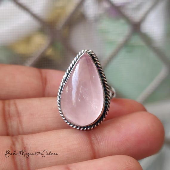 Handmade Rose Quartz Sterling Silver Ring: Dainty Boho Jewelry