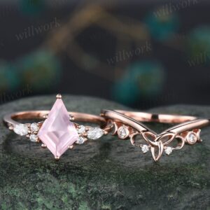 Kite Cut Rose Quartz Ring Rose Gold Unique Engagement Ring Set Rose Gold Crystal Ring Art Deco Moissanite Ring Women Norse Viking Jewelry