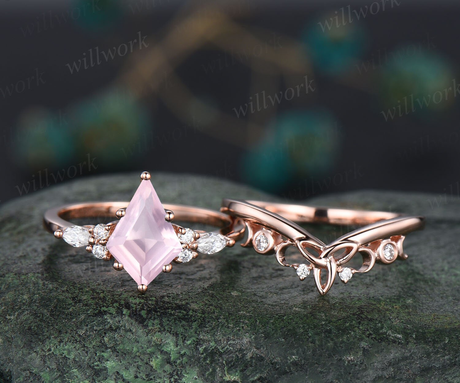Kite Cut Rose Quartz Ring Rose Gold Unique Engagement Ring Set Rose Gold Crystal Ring Art Deco Moissanite Ring Women Norse Viking Jewelry