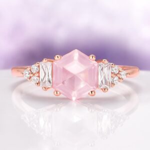 Natural Rose Quartz Engagement Ring In 14k Rose Gold Vermeil- Unique Hexagon Pink Quartz Promise Ring- Anniversary Birthday Gift For Her