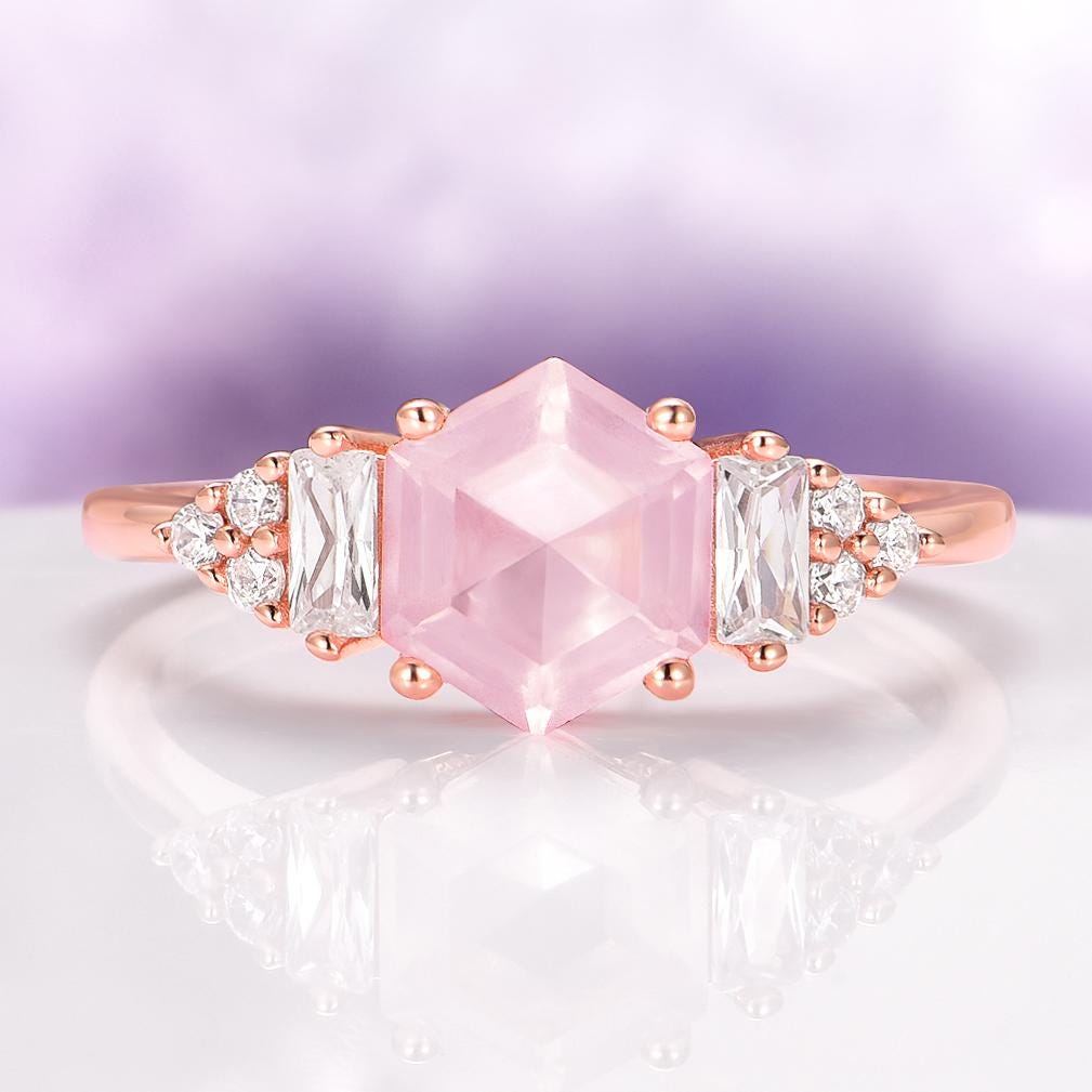 Natural Rose Quartz Engagement Ring In 14k Rose Gold Vermeil- Unique Hexagon Pink Quartz Promise Ring- Anniversary Birthday Gift For Her