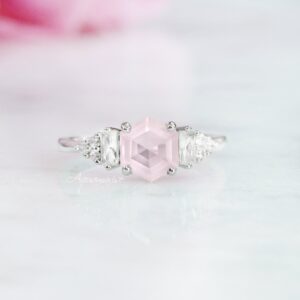 Natural Rose Quartz Engagement Ring In 925 Sterling Silver- Unique Hexagon Cut Quartz Women Promise Ring- Anniversary Birthday Gift For Her