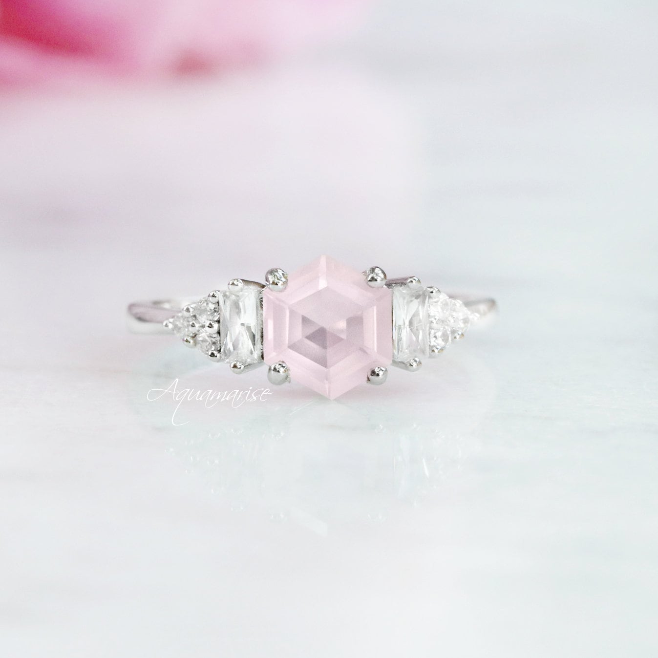 Natural Rose Quartz Engagement Ring In 925 Sterling Silver- Unique Hexagon Cut Quartz Women Promise Ring- Anniversary Birthday Gift For Her