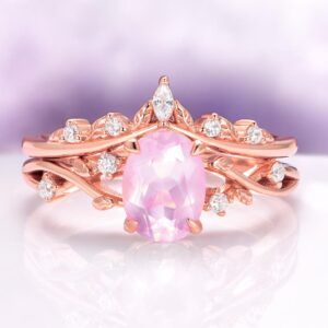 Natural Rose Quartz Ring Set- Leaf Wedding Ring Set 14k Rose Gold Vermeil- Pink Gemstone Engagement Ring- Unique Twig Dainty Promise Ring