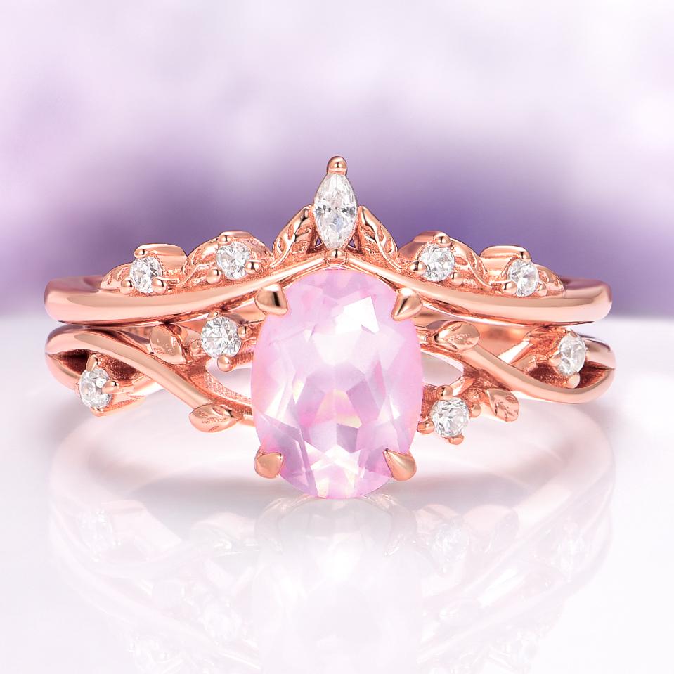 Natural Rose Quartz Ring Set- Leaf Wedding Ring Set 14k Rose Gold Vermeil- Pink Gemstone Engagement Ring- Unique Twig Dainty Promise Ring