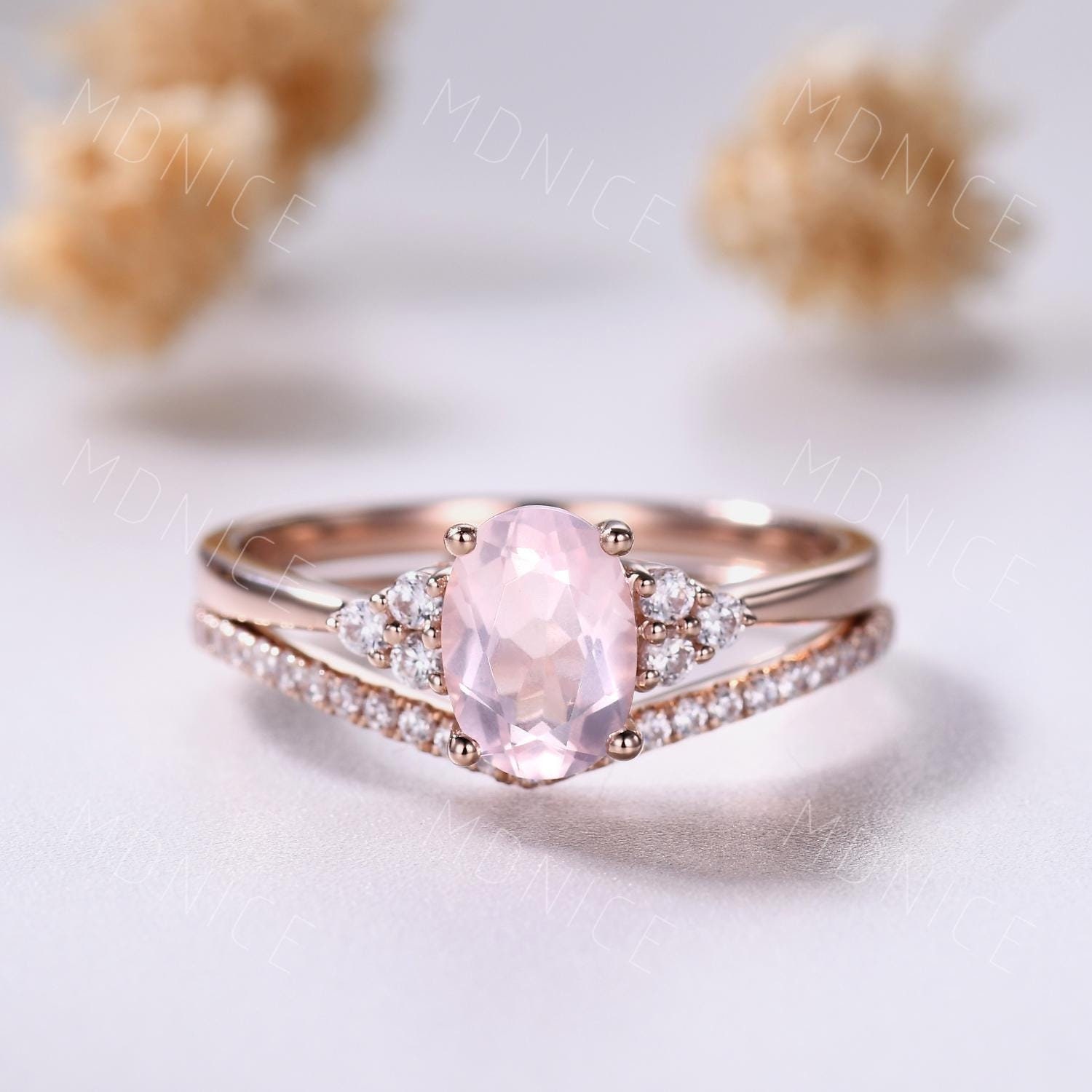 Oval Rose Quartz Engagement Ring Set: Rose Gold Moissanite Band