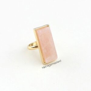 Rose Quartz Ring: Silver Plated Brass, Rectangle Gemstone