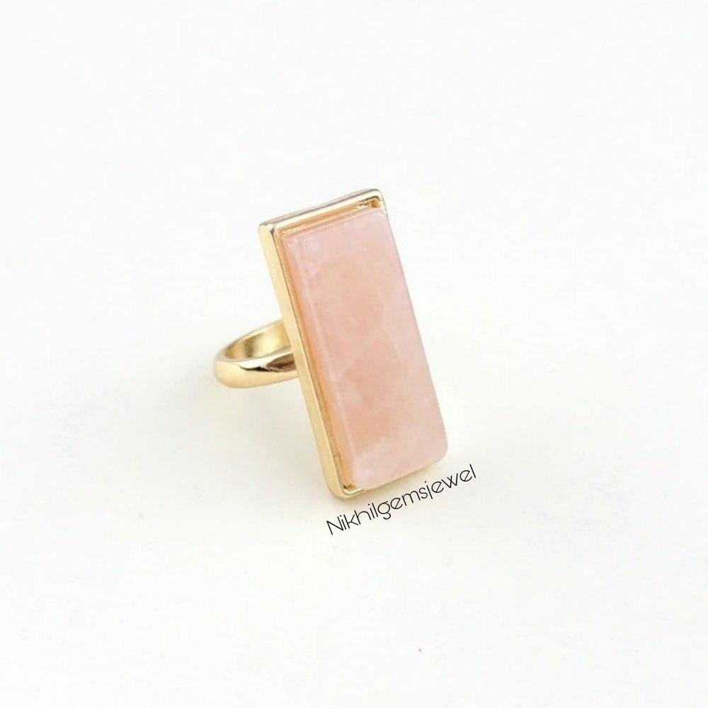 Rose Quartz Ring: Silver Plated Brass, Rectangle Gemstone Rose Quartz Ring: Silver Plated Brass, Rectangle Gemstone
