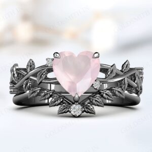 Unique Rose Quartz Engagement Ring Set For Women Art Deco Leaf Style Wedding Ring Set Vintage Heart Shape Rose Quartz Bridal Promise Rings