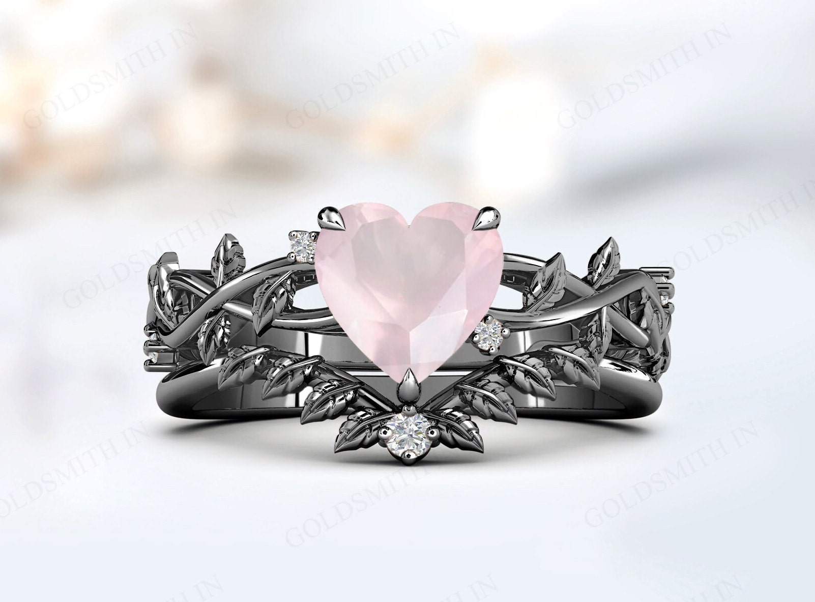 Unique Rose Quartz Engagement Ring Set For Women Art Deco Leaf Style Wedding Ring Set Vintage Heart Shape Rose Quartz Bridal Promise  Rings