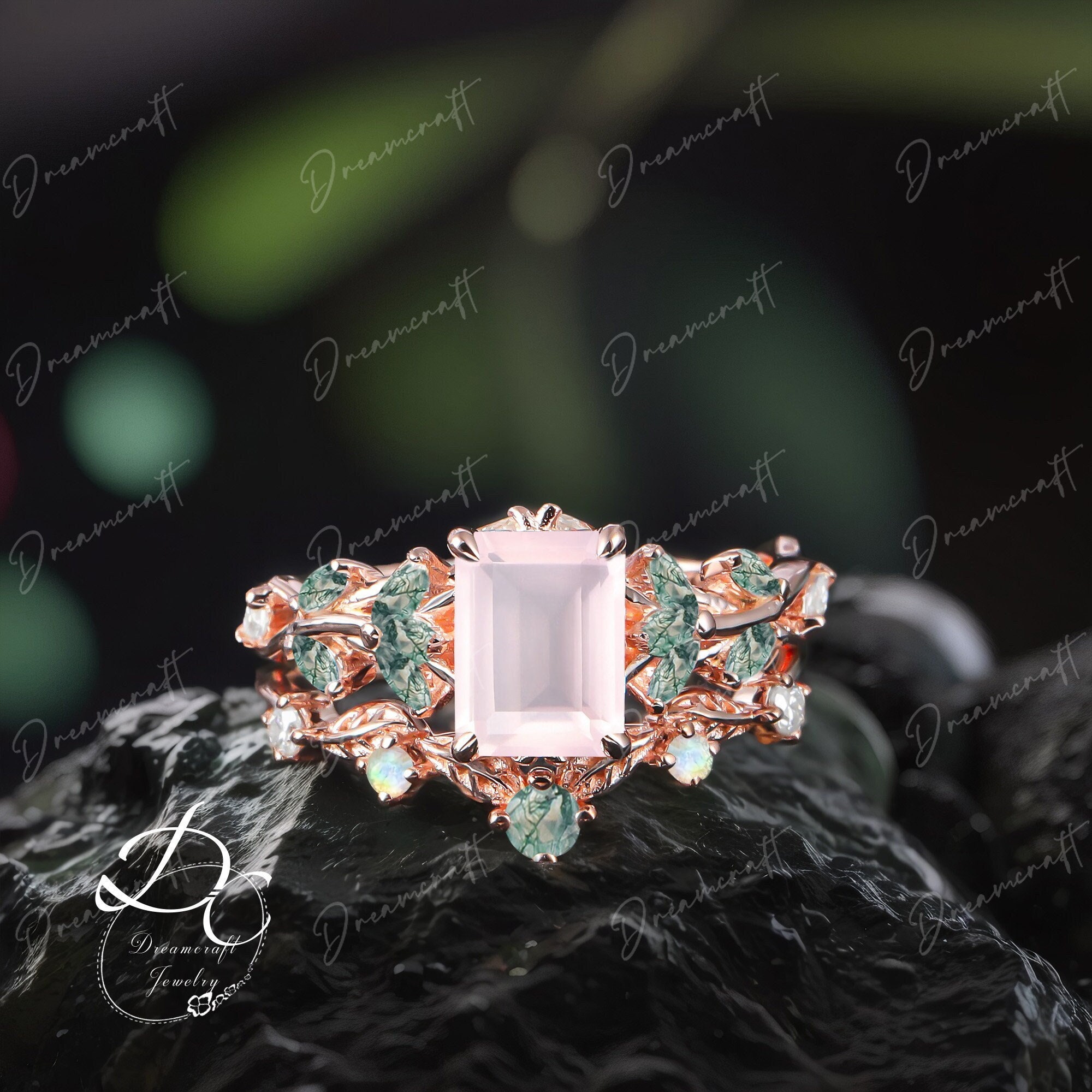 Vintage Emerald Cut Rose Quartz Engagement Ring Sets Nature Inspired Cluster Promise Ring Rose Gold Art Deco Leaf Pink Gemstone Branch Ring Vintage Emerald Cut Rose Quartz Engagement Ring Sets Nature Inspired Cluster Promise Ring Rose Gold Art Deco Leaf Pink Gemstone Branch Ring
