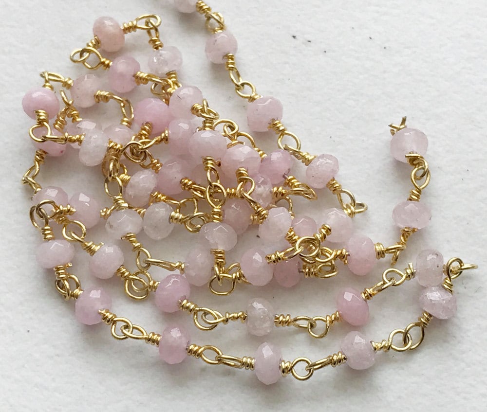 3-3.5mm Rose Quartz Faceted Rondelle Beads In 925 Silver Gold Wire Wrapped Rosary Style Chain, Rose Quartz Chain (1foot To 5feet Options) 3-3.5mm Rose Quartz Faceted Rondelle Beads In 925 Silver Gold Wire Wrapped Rosary Style Chain, Rose Quartz Chain (1foot To 5feet Options)