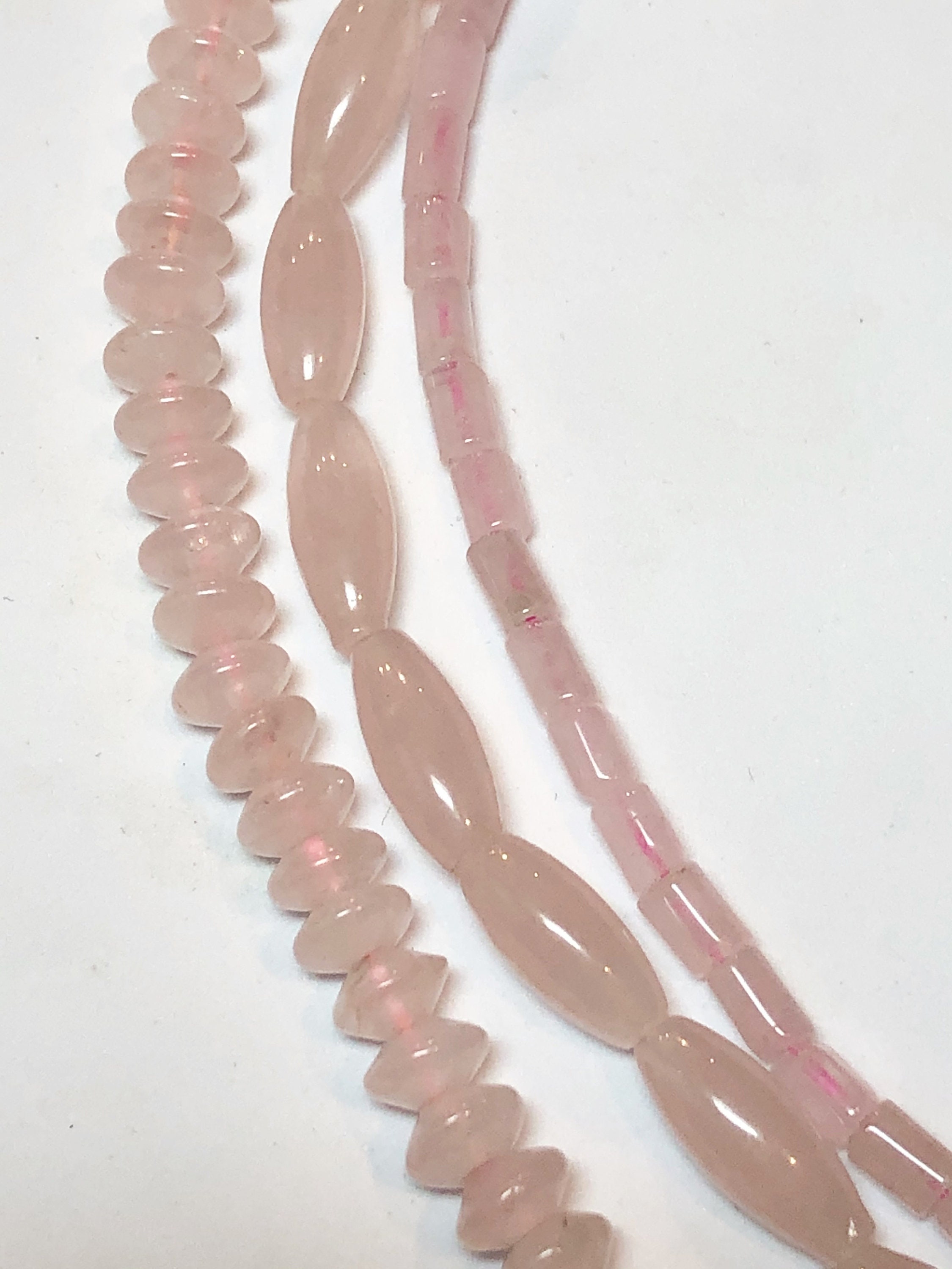 Rose Quartz Gemstone Beads. Full 15" Strands Available In 3 Shapes: 3x5mm Tube, 5x12mm Rice And 6mm Rondelle. Rose Quartz Gemstone Beads. Full 15" Strands Available In 3 Shapes: 3x5mm Tube, 5x12mm Rice And 6mm Rondelle.