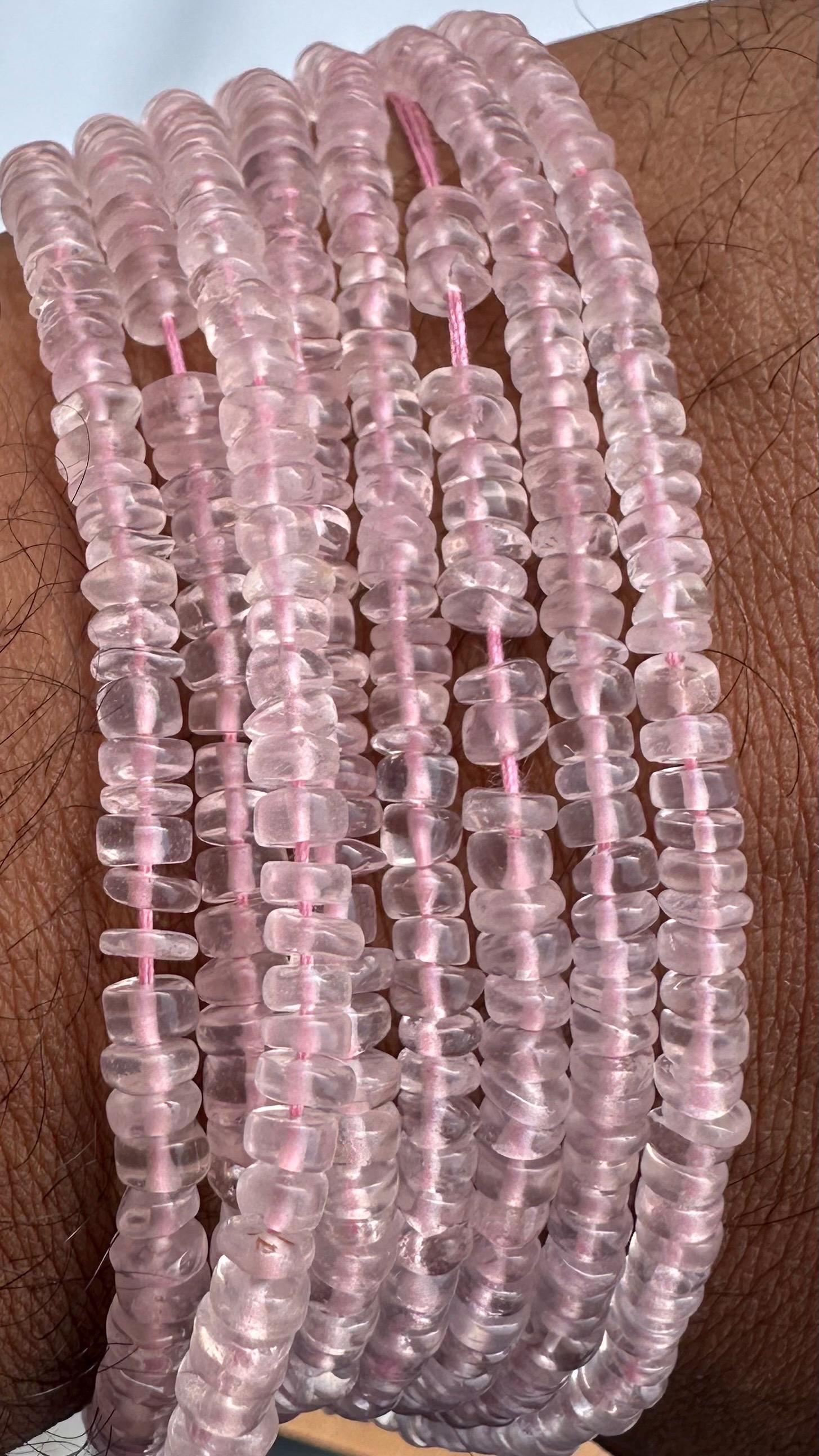 Rose Quartz Heishi Beads: Natural Pink Rondelle, 8 Inch Strand (4 To 6mm)
