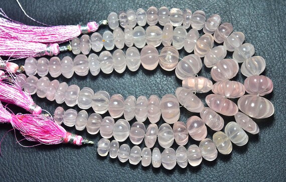 Most Beautiful Big Rose Quartz Hand Carved Rondelle Beads - 7 Inches - Natural Smooth Rose Quartz Carving Rondelle - Size Is 9 - 14 Mm #190