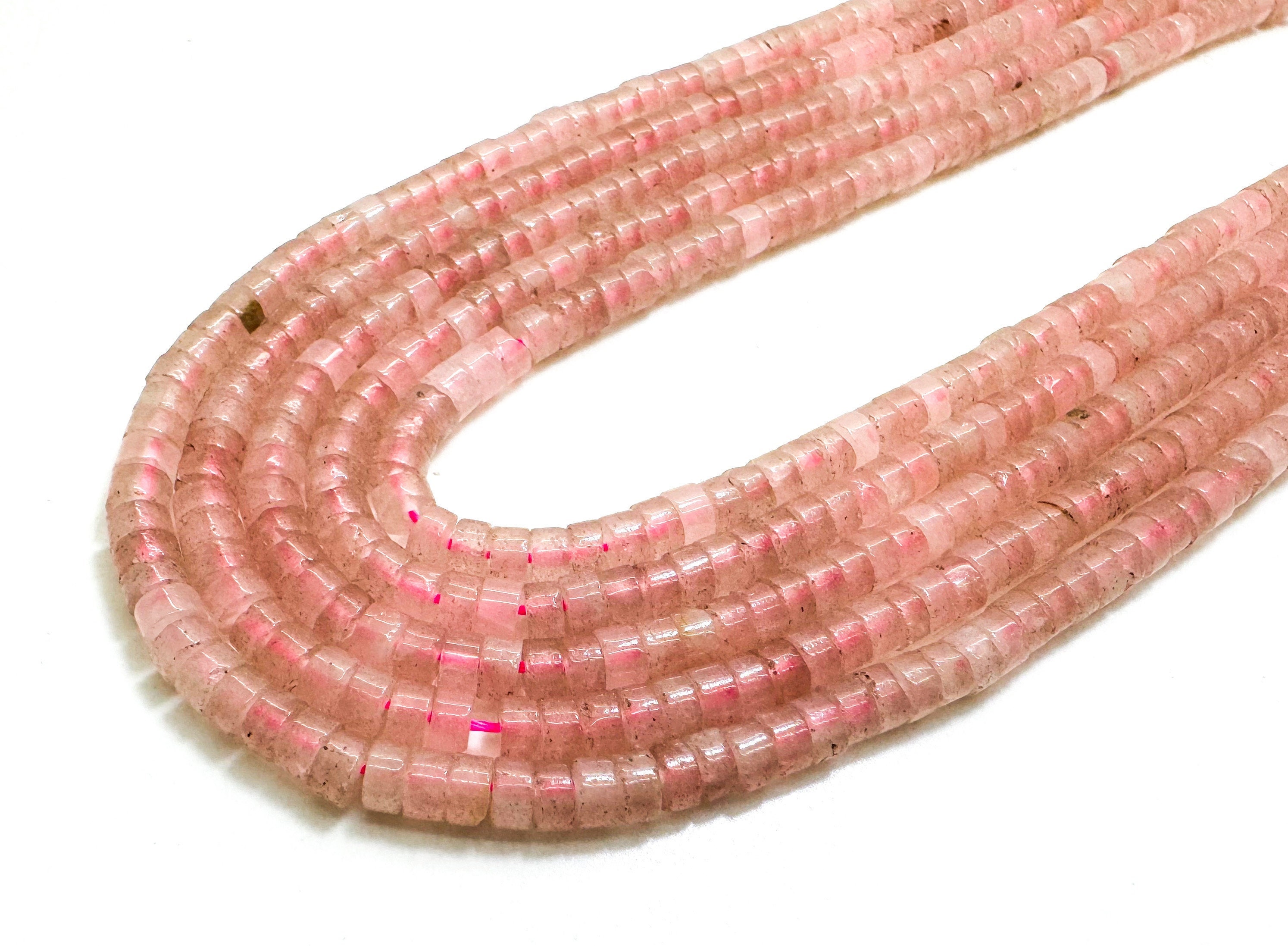 Natural Rose Quartz Heishi Beads: Polished Pink Rondelle Gemstone, 4mm - Rd33 Natural Rose Quartz Heishi Beads: Polished Pink Rondelle Gemstone, 4mm - Rd33