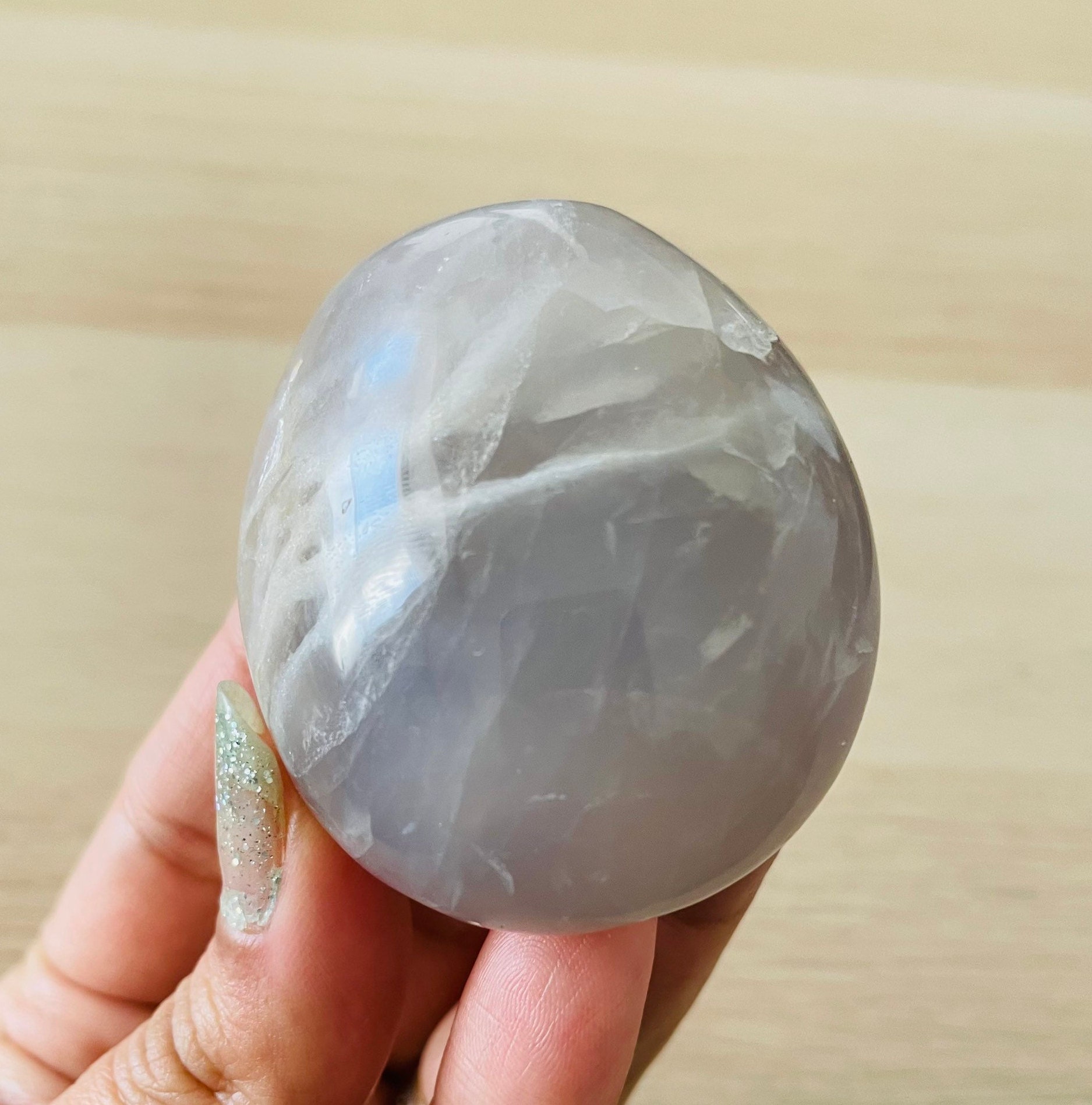 Blue Rose Quartz Palm Stone: Light Blue Gray Crystal (106.9g)
