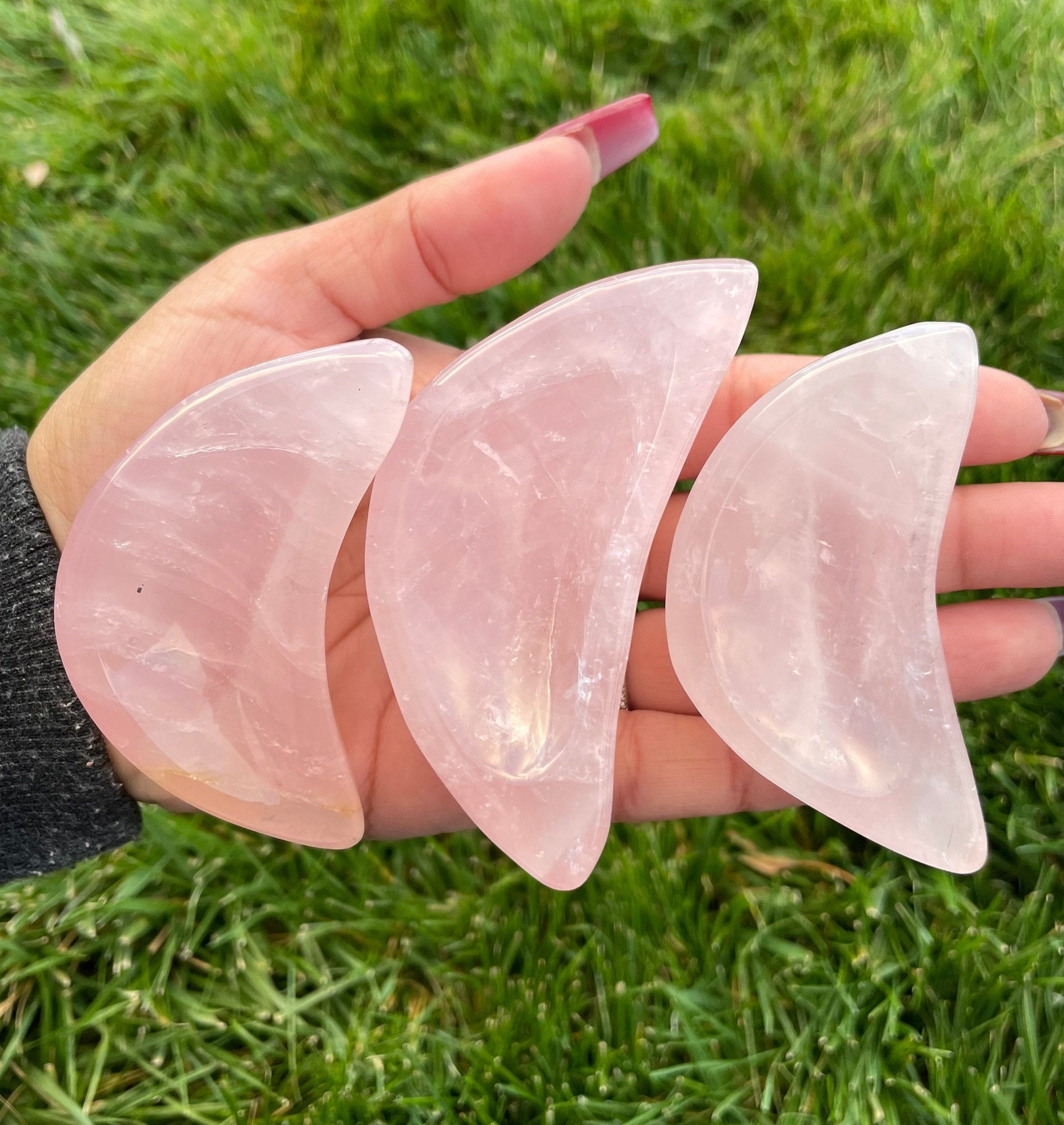 Rose Quartz Moon Bowl: Carved Pink Crystal Dish (60-90 Mm)