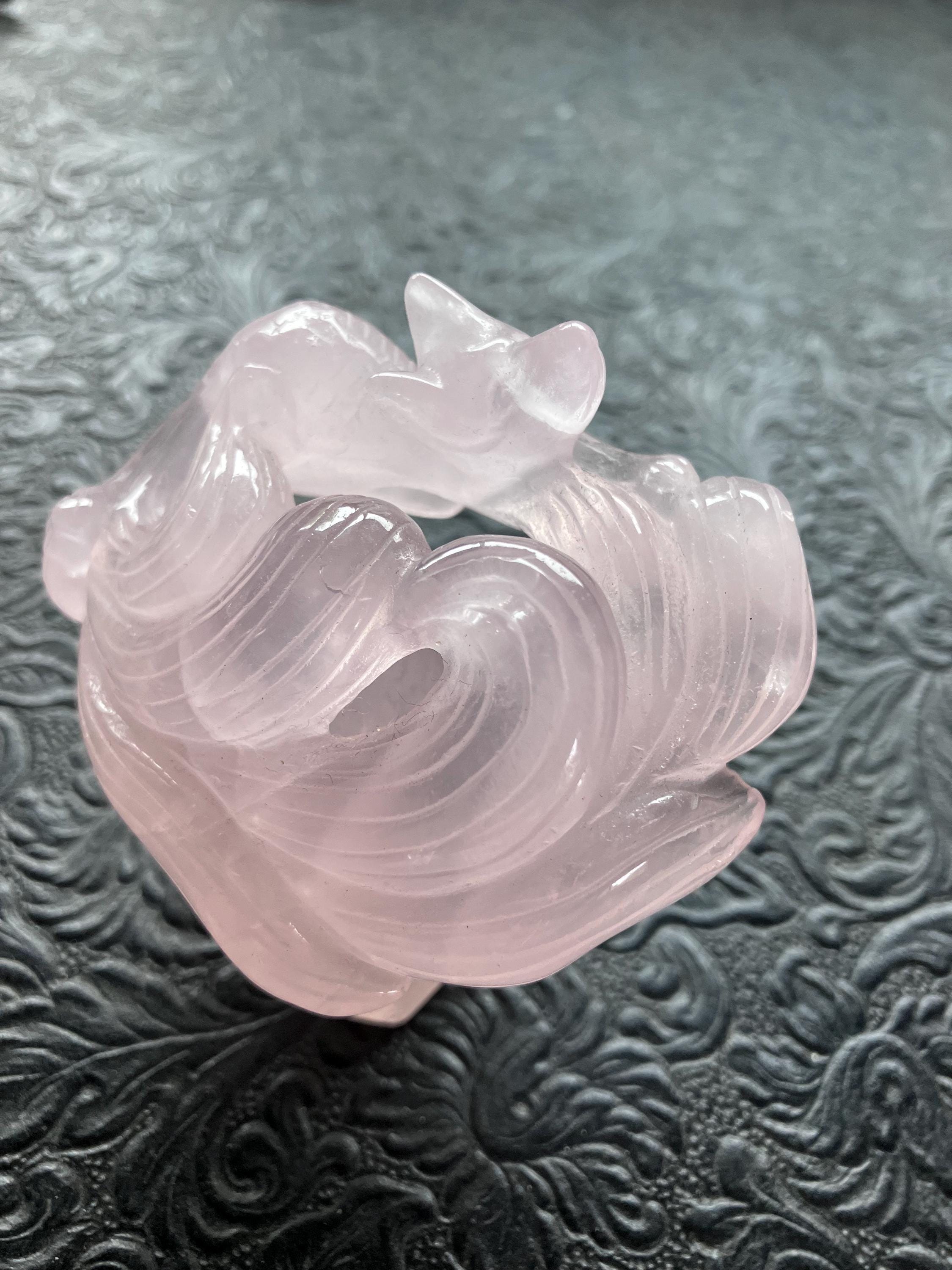 Rose Quartz Nine Tailed Kitsune Gumiho Fox Zero Gravity Crystal Carving