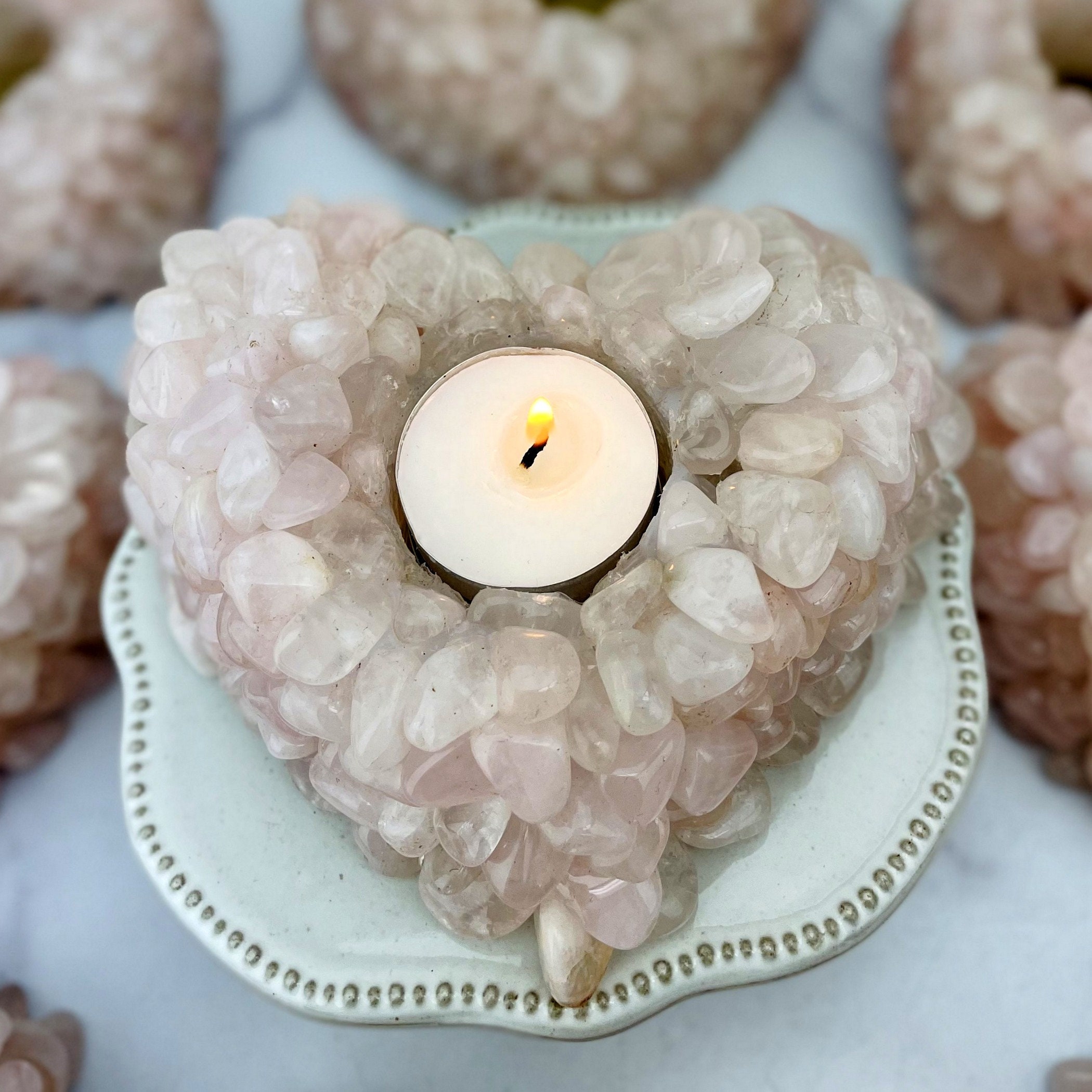 Rose Quartz Tumbled Stone Heart Candle Holder - (rk6a-21) Rose Quartz Tumbled Stone Heart Candle Holder - (rk6a-21)