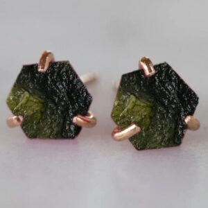 Rough Moldavite Earring, Silver Genuine Moldavite Gemstone Earring, Czech Republic Raw Moldavite Gold Earring