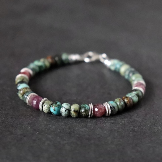 Ruby & African Turquoise Beaded Bracelet: Sterling Silver Gemstone Jewelry Ruby & African Turquoise Beaded Bracelet: Sterling Silver Gemstone Jewelry