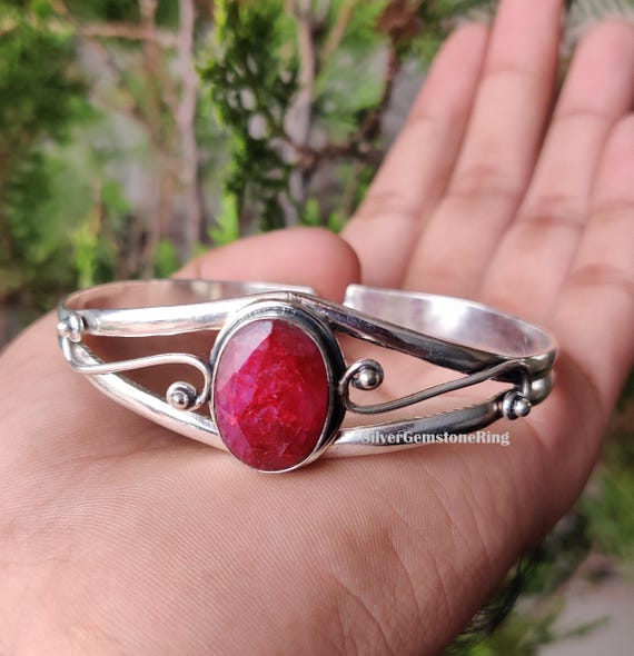 Ruby Bangle: Adjustable Bangle 925 Sterling Silver, Gemstone Bracelet