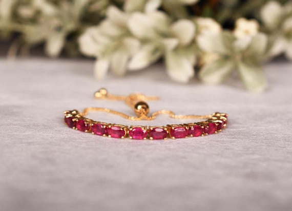 Elegant Oval Ruby Bolo Bracelet: Sterling Silver Adjustable Chain Bracelet Fine Jewelry Gift
