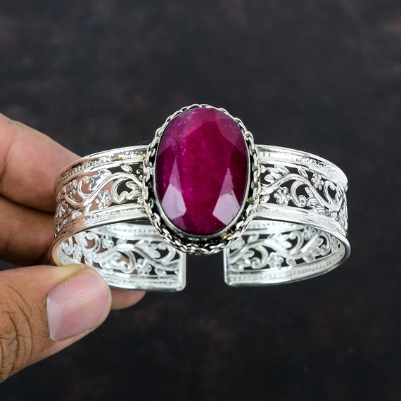 Faceted Kashmir Ruby Bangle: Handmade 925 Sterling Silver Cuff