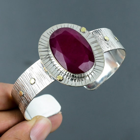Faceted Kashmir Ruby Cuff: Handmade 925 Sterling Silver Bangle